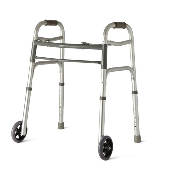 Medline Youth Two-Button Folding Walker with 5” Wheels
