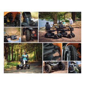 Pride Pursuit 2 Power Scooter. A collage of various parts of the Pride Pursuit 2 Power Scooter, it being parked in picnic area, and being driven down a trail.