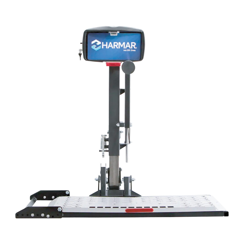Harmar power lift platform with vertical post and branded cover