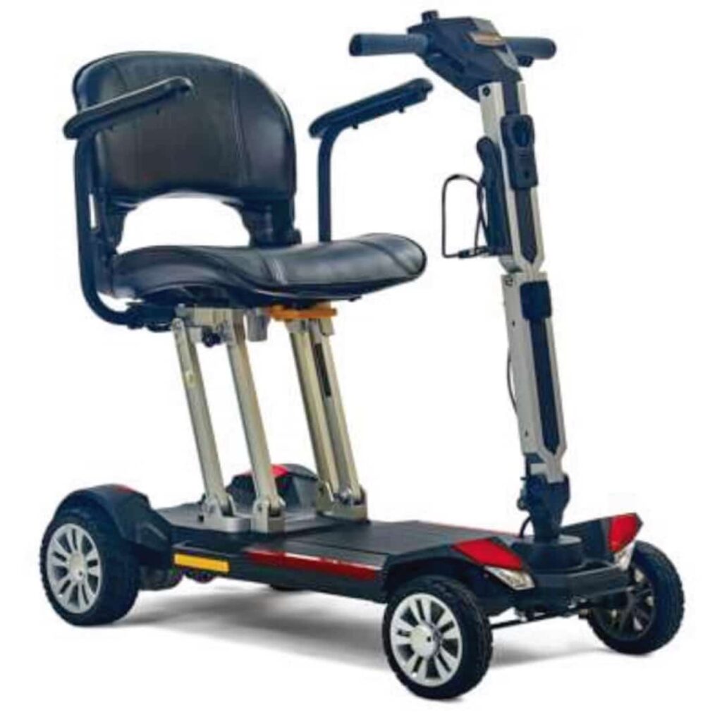 Folding mobility scooter with raised seat and compact four-wheel design