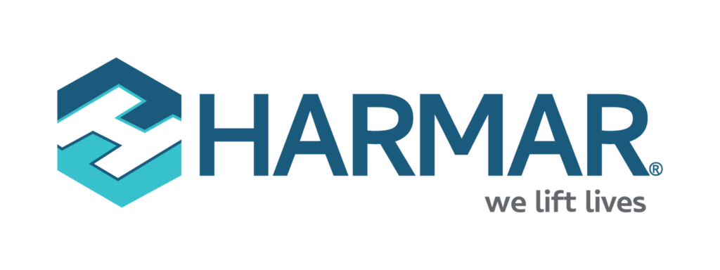 Harmar logo with slogan “we lift lives” in blue and gray text