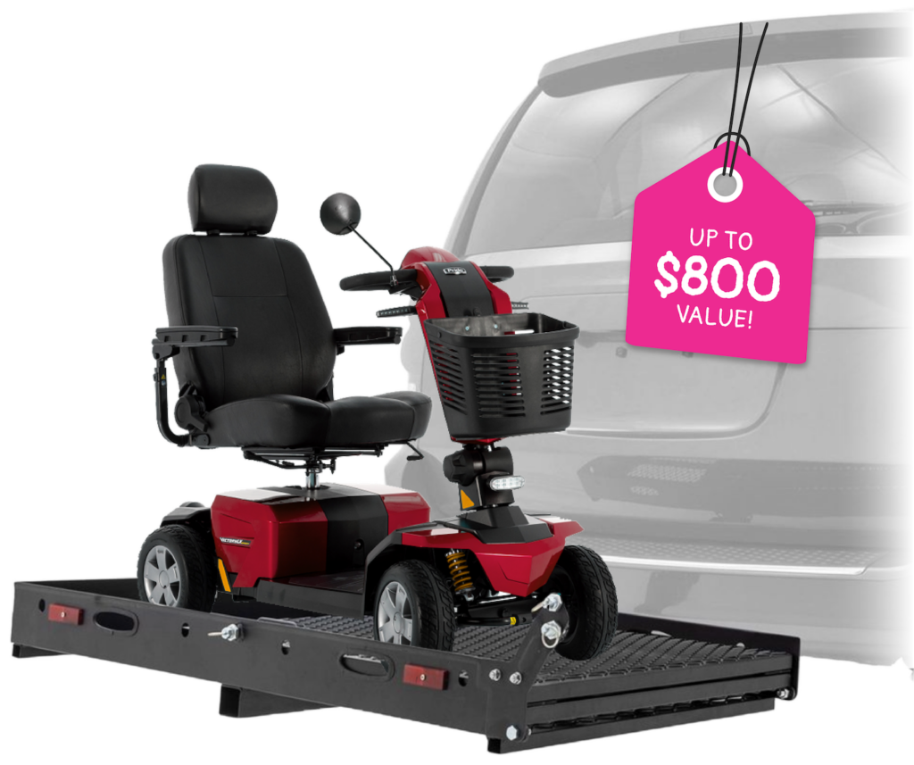 Red mobility scooter on rear vehicle lift with "$800 value" promo tag