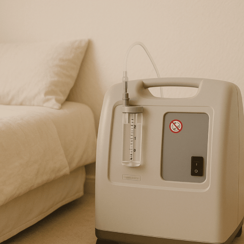 Aesthetic Oxygen Concentrator in Bedroom – Liter Flow at 2 L/min (Portrait)