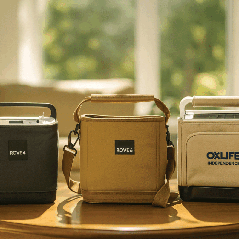 Three portable oxygen concentrators — Rove 4, Rove 6, and OxLife Independence — in neutral-colored carrying bags displayed side by side on a wooden table in a modern sunlit living room.