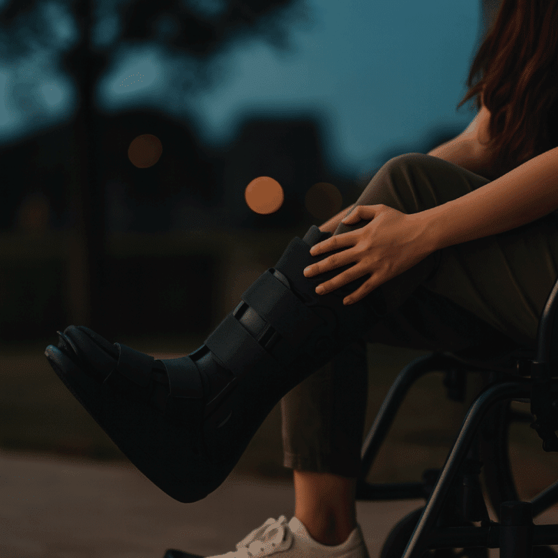 Woman in a wheelchair with a black orthopedic walking boot during evening time