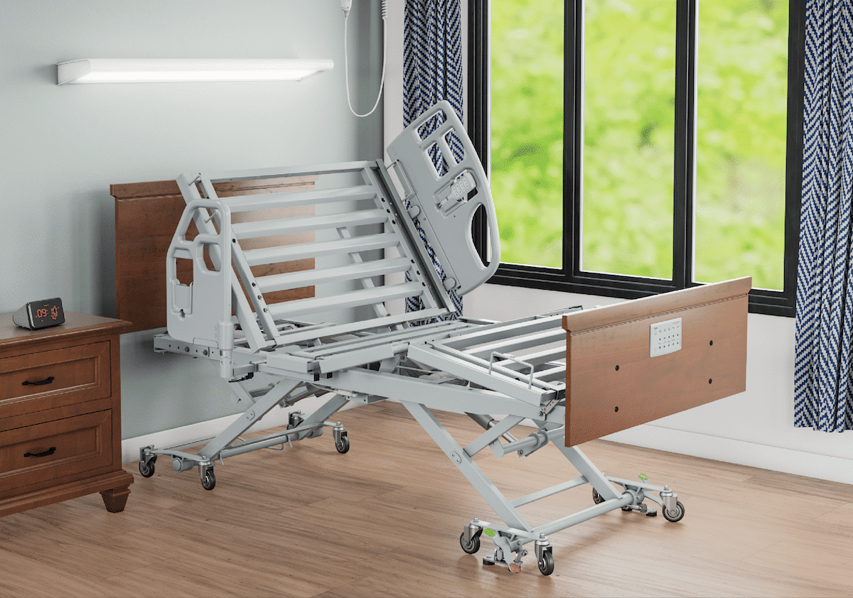 A home hospital bed setup without a mattress or bedding