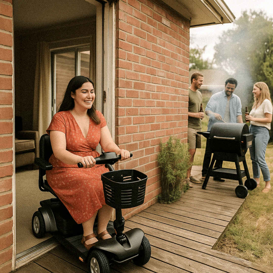 A woman in a red dress rides her mobility scooter from a brick home’s living room onto a wooden patio where friends gather around a grill on an overcast summer day.